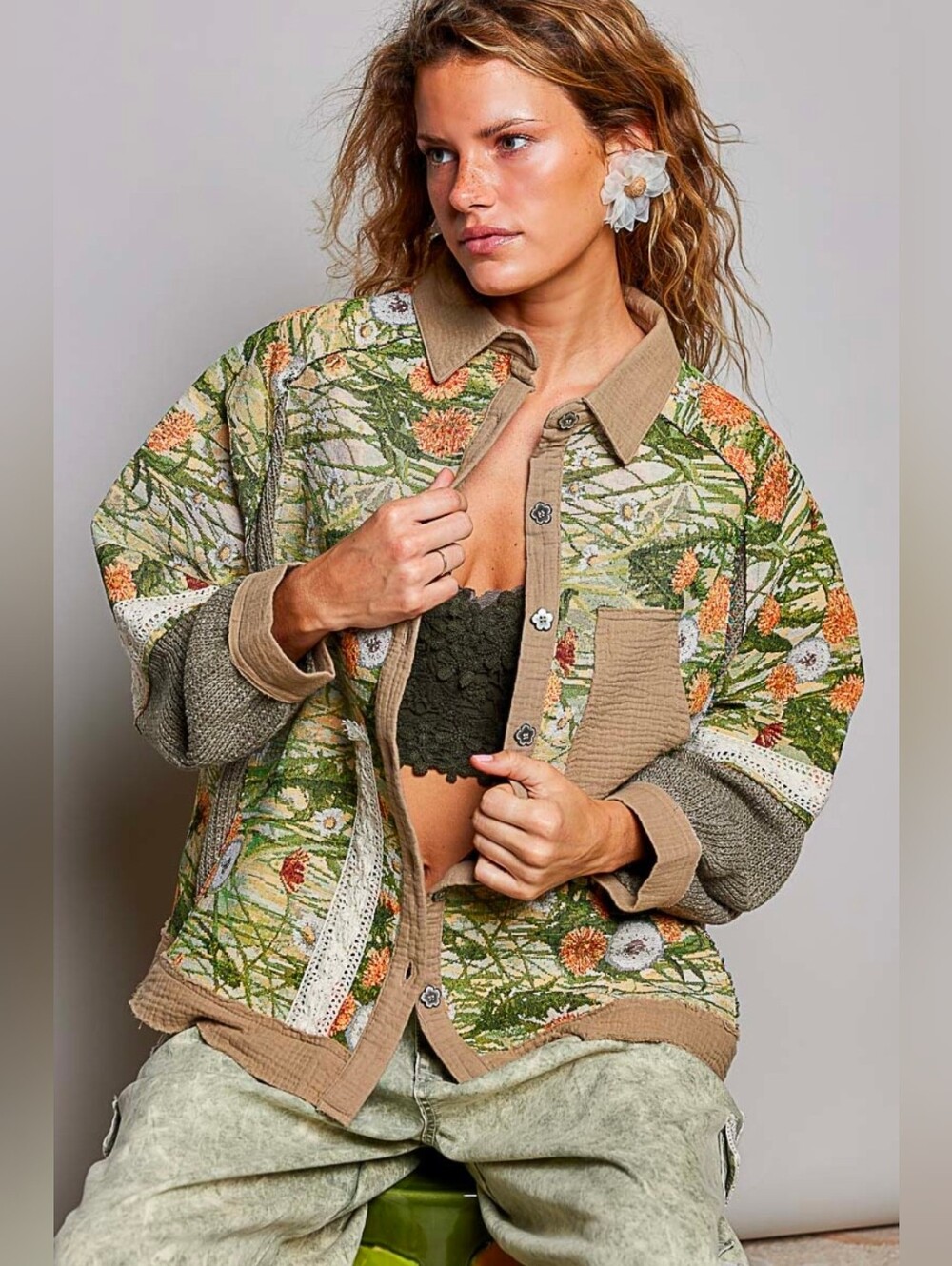NEW!! POL Floral Patchwork And Lace Shacket in Green, Sz Large